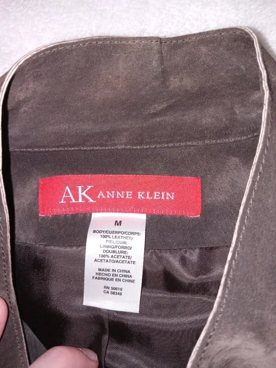 Vintage 90s Anne Klein Suede Leather Jacket Brown Mandarin Collar Button Front M - Picture 7 of 11